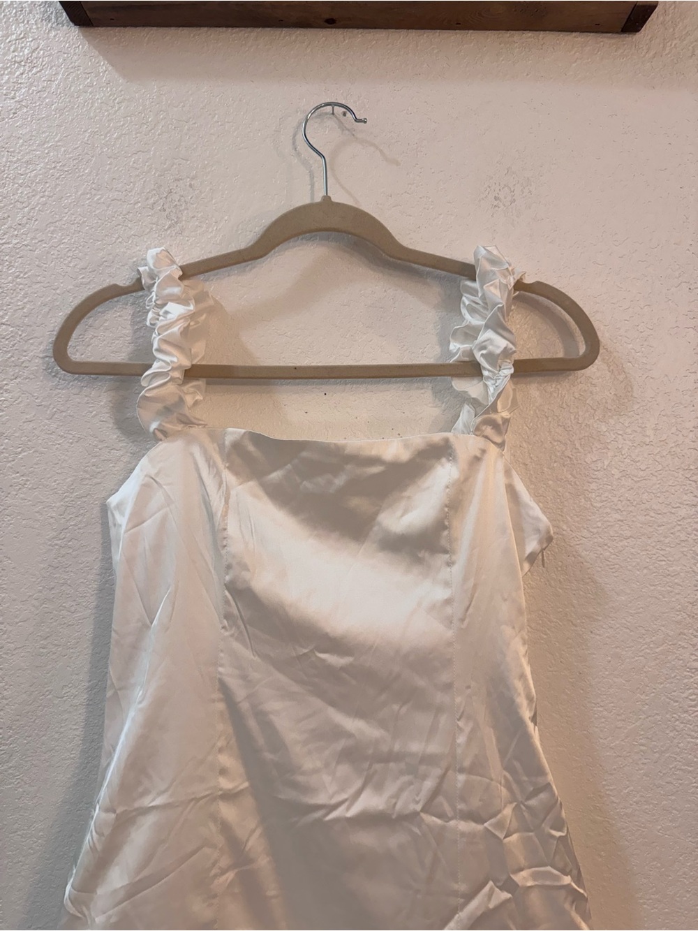 Peppermayo Monroe White Satin Ruffle-Strap Mini Dress W/ Bubble Skirt Drop Waist - Picture 2 of 12